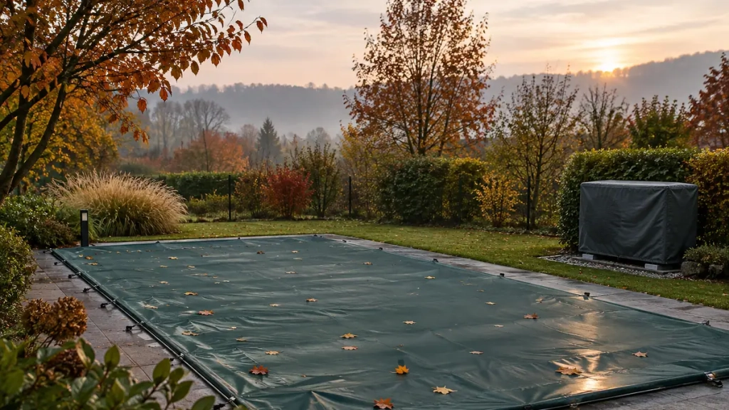 Piscine recouverte d’une bâche d’hivernage dans un jardin du Nord-Isère en automne