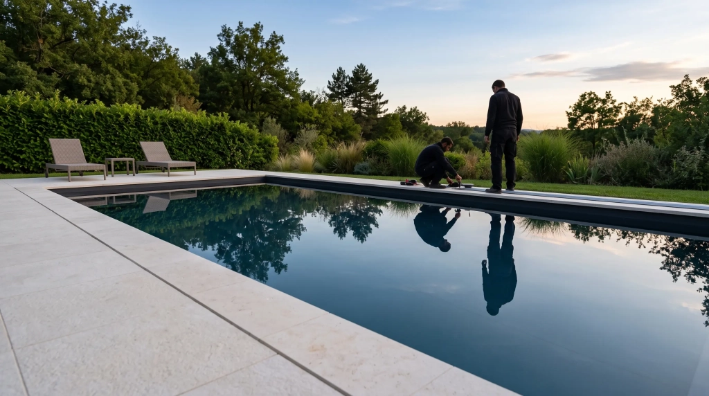 Piscine à liner gris anthracite dont l'eau sombre reflète le ciel