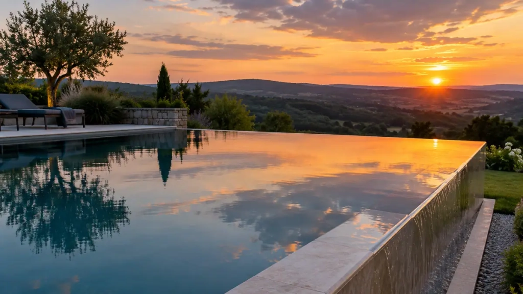 Piscine à débordement à effet miroir dans un jardin du Nord-Isère au coucher du soleil