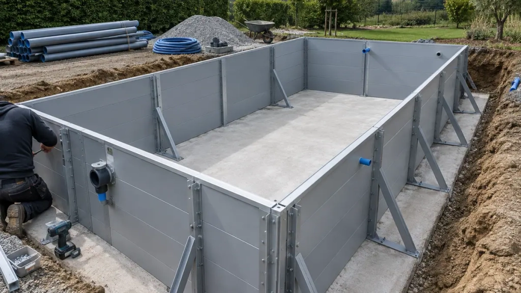 Structure de piscine en panneaux en cours de montage sur un radier en Nord-Isère