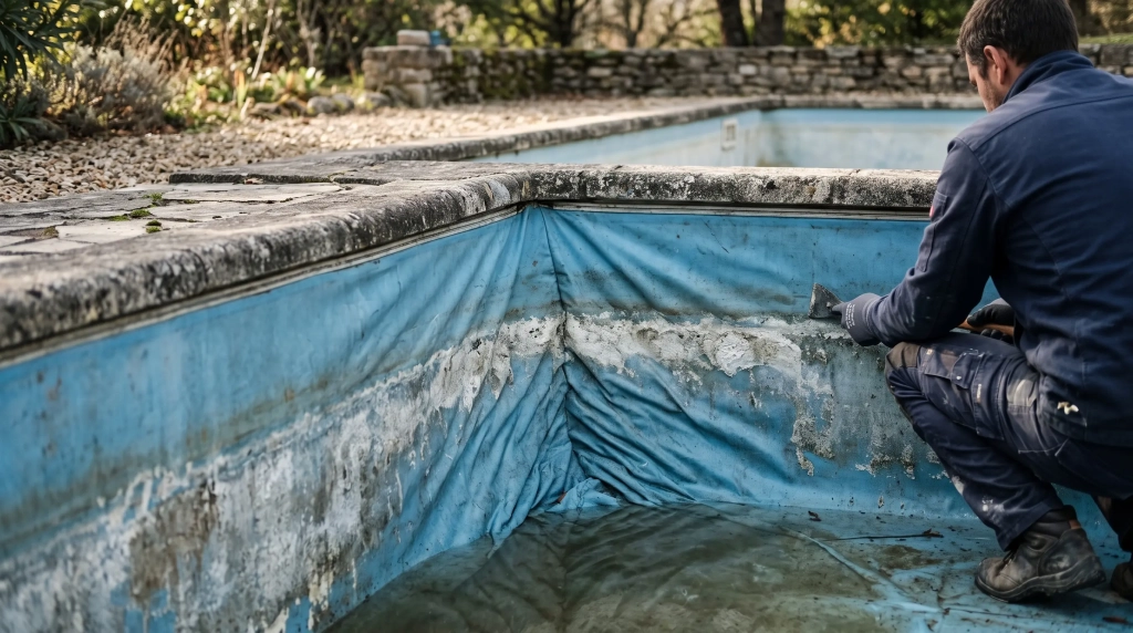 Liner de piscine usé, plis marqués et couleur passée avant rénovation