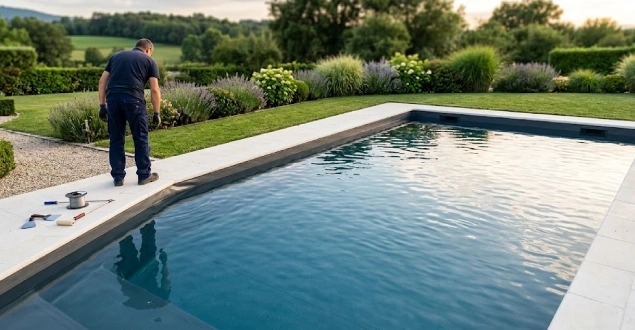 Piscine enterrée avec liner tendu et eau limpide en Nord-Isère