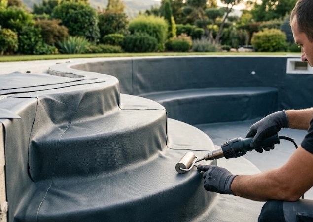 Artisan soudant une membrane armée sur mesure sur les courbes complexes d'un escalier de piscine roman en Nord-Isère.