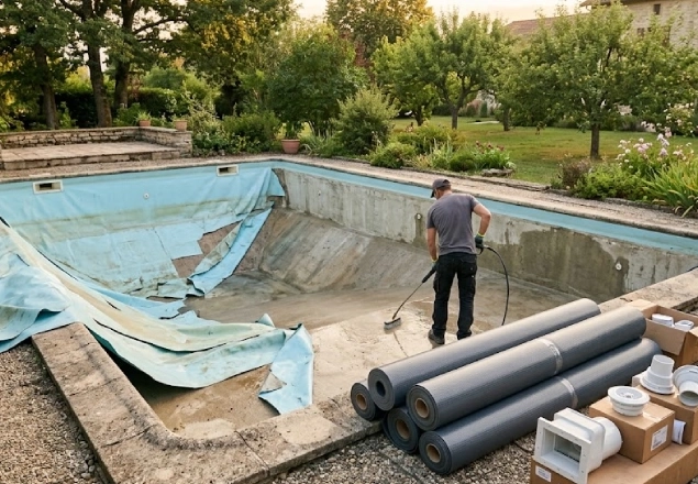 Rénovation d'une piscine ancienne avec remplacement du liner par une membrane armée