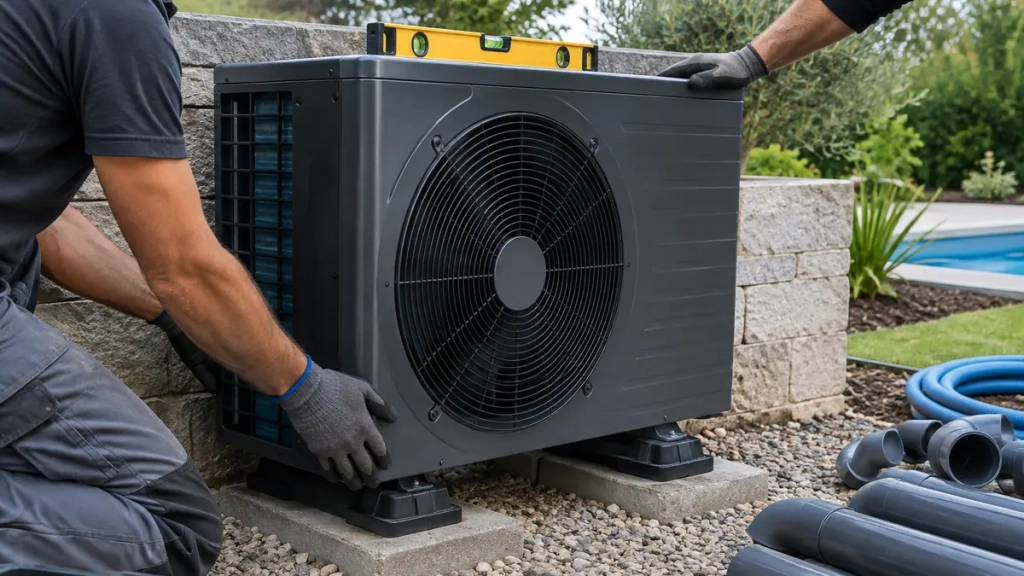 Pose d’une pompe à chaleur de piscine sur un support stable près du local technique