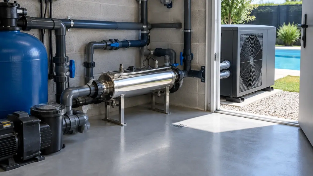 Échangeur thermique et pompe à chaleur dans un local technique de piscine