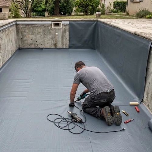 Chantier de rénovation d'un bassin ancien maçonné avec pose d'une membrane armée"